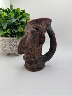 Vintage Tiki Face Mug Primitive Ceramic Wood Grain Style Sculpted Mug Cup